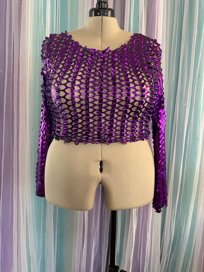 Purple foil fishnet crop top
