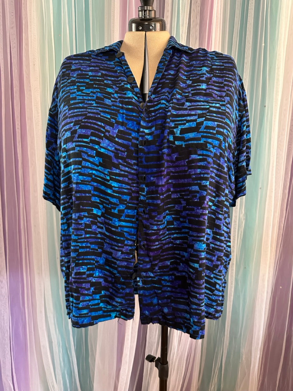 Blue Geo Block Button Up